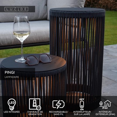 Lucide PINGI - Lampadaire Rechargeable Intérieur/Extérieur - Batterie/Piles - Ø 33,5 cm - LED 3 StepDim - 1x3W 3000K - IP44 - Noir